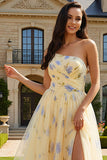 One Shoulder Yellow Floral Ruched A Line Long Prom Dress With Slit