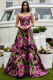 Black Strapless Floral A Line Long Prom Dress