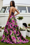 Black Strapless Floral A Line Long Prom Dress
