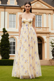 Yellow A Line Floral Spaghetti Straps Long Prom Dress