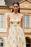 Yellow A Line Floral Spaghetti Straps Long Prom Dress