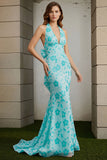 Green Floral Halter Mermaid Long Prom Dress With Bow