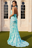 Green Floral Halter Mermaid Long Prom Dress With Bow