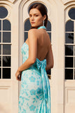 Green Floral Halter Mermaid Long Prom Dress With Bow