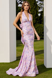 Lilac Floral Mermaid Halter Long Prom Dress With Bow
