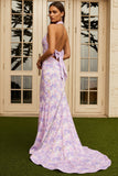 Lilac Floral Mermaid Halter Long Prom Dress With Bow