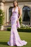 Lilac Floral Mermaid Halter Long Prom Dress With Bow