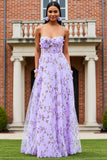 Lilac Printed A Line Spaghetti Straps Long Prom Dress With 3D Flowers