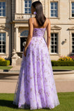 Lilac Printed A Line Spaghetti Straps Long Prom Dress With 3D Flowers