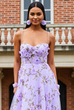 Lilac Printed A Line Spaghetti Straps Long Prom Dress With 3D Flowers
