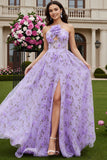 Lilac Floral Halter Cut Out A Line Long Prom Dress With 3D Flowers