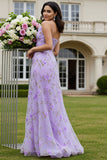 Lilac Floral Halter Cut Out A Line Long Prom Dress With 3D Flowers