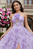 Lilac Floral Halter Cut Out A Line Long Prom Dress With 3D Flowers