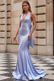 Mermaid Light Blue Beaded Halter A Line Long Prom Dress With Bow