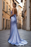 Mermaid Light Blue Beaded Halter A Line Long Prom Dress With Bow