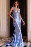 Mermaid Light Blue Beaded Halter A Line Long Prom Dress With Bow