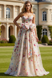 Ivory Flower Corset A Line Spaghetti Straps Long Prom Dress With Bow