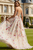 Ivory Flower Corset A Line Spaghetti Straps Long Prom Dress With Bow
