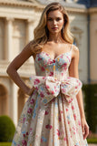 Ivory Flower Corset A Line Spaghetti Straps Long Prom Dress With Bow