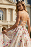 Ivory Flower Corset A Line Spaghetti Straps Long Prom Dress With Bow