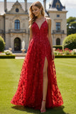 Red A Line Sequin V-Neck Long Prom Dress With Slit