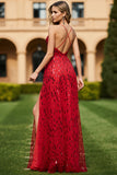 Red A Line Sequin V-Neck Long Prom Dress With Slit