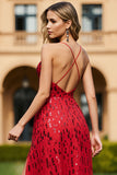 Red A Line Sequin V-Neck Long Prom Dress With Slit