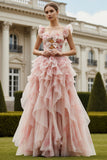 Blush Flowers Cut Out A Line Ruffled Long Prom Dress With Flutter Sleeves