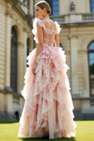Blush Flowers Cut Out A Line Ruffled Long Prom Dress With Flutter Sleeves