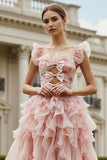 Blush Flowers Cut Out A Line Ruffled Long Prom Dress With Flutter Sleeves