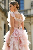Blush Flowers Cut Out A Line Ruffled Long Prom Dress With Flutter Sleeves