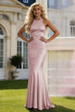 Light Blue Beaded Mermaid Halter Long Prom Dress