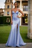 Corset Light Blue Spaghetti Straps Mermaid Long Prom Dress With Slit