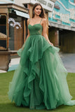 Dark Green A Line Spaghetti Straps Tulle Long Prom Dress With Ruffles