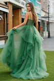 Dark Green A Line Spaghetti Straps Tulle Long Prom Dress With Ruffles