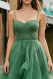 Dark Green A Line Spaghetti Straps Tulle Long Prom Dress With Ruffles