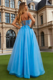 A Line Blue Appliqued Spaghetti Straps Tulle Long Prom Dress