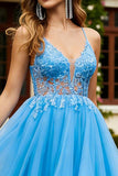 A Line Blue Appliqued Spaghetti Straps Tulle Long Prom Dress