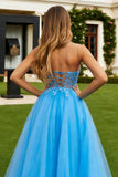 A Line Blue Appliqued Spaghetti Straps Tulle Long Prom Dress