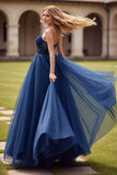 A Line Navy Appliqued Spaghetti Straps Long Prom Dress With Slit