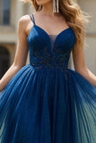 A Line Navy Appliqued Spaghetti Straps Long Prom Dress With Slit