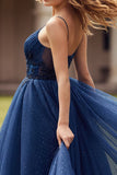 A Line Navy Appliqued Spaghetti Straps Long Prom Dress With Slit