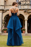 A Line Glitter Navy Spaghetti Straps Tulle Long Prom Dress
