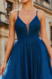 A Line Glitter Navy Spaghetti Straps Tulle Long Prom Dress