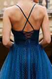 A Line Glitter Navy Spaghetti Straps Tulle Long Prom Dress