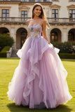 Lilac A Line Floral Spaghetti Straps Tulle Long Prom Dress with Ruffles