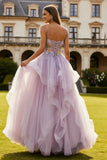Lilac A Line Floral Spaghetti Straps Tulle Long Prom Dress with Ruffles