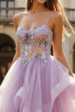Lilac A Line Floral Spaghetti Straps Tulle Long Prom Dress with Ruffles