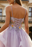 Lilac A Line Floral Spaghetti Straps Tulle Long Prom Dress with Ruffles
