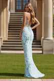 Green Flower Spaghetti Straps Mermaid Long Prom Dress With Lace-up Back